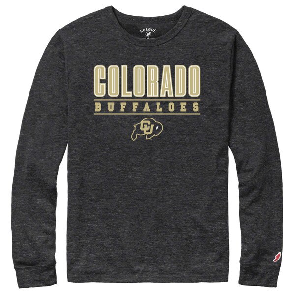 A dark heather gray long sleeve t-shirt with Colorado in bold, gold and white print above Buffaloes in smaller gold print and the CU Buffalo logo in gold. Also has the league logo on the left sleeve.